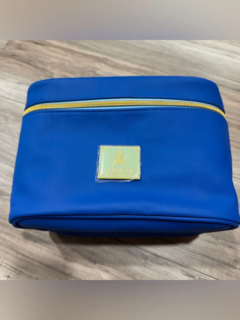 Jeffree Star Cosmetics Dark Blue Zip Train Case Travel Makeup Bag Gold Zipper